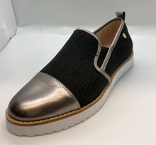 Load image into Gallery viewer, SALE Venettini Dana Black Linen and Silver Tipped Wedged Slip On
